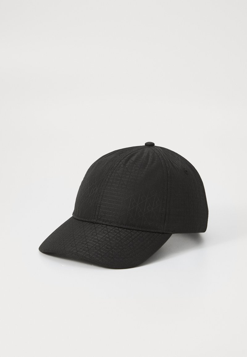 Black baseball cap featuring a textured pattern, curved brim, and round top button. Made from lightweight fabric with a classic design.