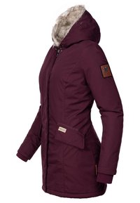 Burgundy insulated jacket with a faux fur-lined hood, zipper closure, side pockets, and a brand patch on the left sleeve.