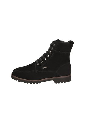 Black suede lace-up ankle boot with brown stitched sole and side zipper, designed for rugged outdoor use.