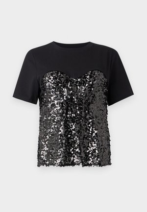 Tricou negru cu un corset decorat cu paiete în formă de inimă. Partea superioară este netedă, contrastând cu jumătatea inferioară texturată.
