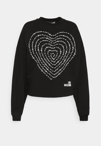 Svart långärmad kort sweatshirt med vit spiralhjärtstext och "Love Moschino"-logotyp i nedre högra hörnet.