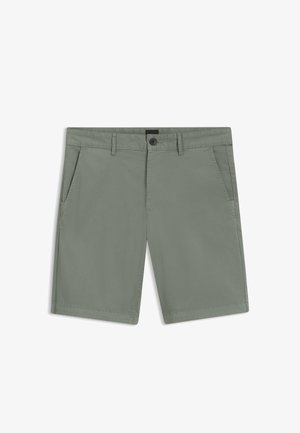 Shorts homme longueur genou couleur vert olive avec poches latérales, passants de ceinture et fermeture à bouton à la taille, posés à plat sur fond blanc.