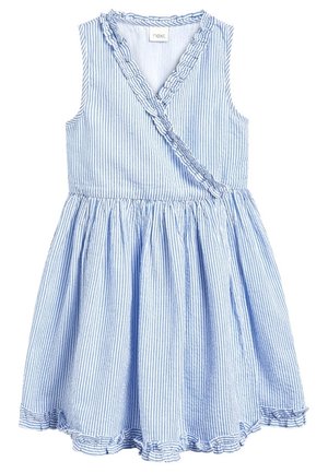 Blå- og hvide stribet kjole med ærmeløs design, flæsekant ved halsen og skørt med vidde. Stoffet virker let og åndbart.