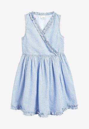 Modré a bílé proužkované šaty bez rukávů, s volánkovým výstřihem a rozšířenou sukní. Tkanina působí lehce a prodyšně.