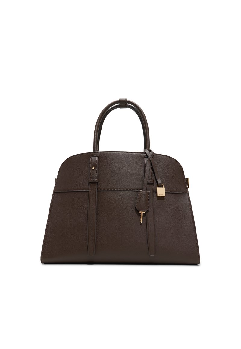 Borsa in pelle marrone con forma strutturata, doppio manico superiore, dettaglio con lucchetto e pannello frontale decorativo. Texture liscia con hardware minimale.