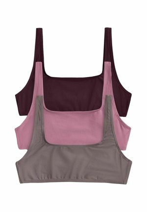 Tre kvinders firkantede, korte tanktoppe stablet, i mørk lilla, støvet lyserød ribbet og ensfarvet grå farver.