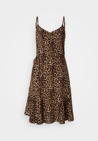Haljina s leopard uzorkom, tanke naramenice, V-izrez, detalji s gumbima, uski struk i lepršavi rub, izrađena od mekog, laganog materijala.