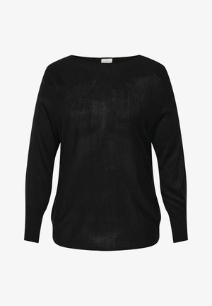 Suéter negro de punto con un escote amplio, mangas largas y un ajuste holgado; presenta una textura ligeramente translúcida y una superficie suave.