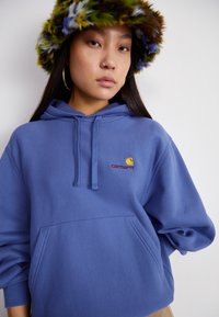 Light blue hoodie with a kangaroo pocket, hood, and embroidered logo. Paired with a textured multi-colored fur hat and silver hoop earrings.