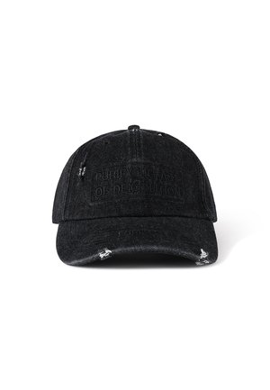 Black denim cap with a structured brim, featuring a textured patch that reads "PURIFYING ACT OF DEMOLITION" and distressed accents.