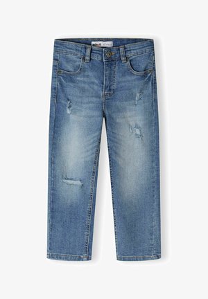 Jeans de mezclilla azul con un diseño desgastado y desgarrones visibles, corte recto, lazos para cinturón y estilo clásico de cinco bolsillos.