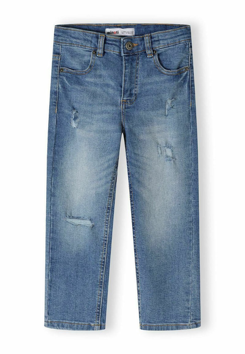 Jeans de mezclilla azul con un diseño desgastado y desgarrones visibles, corte recto, lazos para cinturón y estilo clásico de cinco bolsillos.