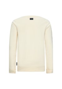 Kremowy sweatshirt z długim rękawem, okrągłym dekoltem, ściągaczami na mankietach i metką z tyłu. Gładka tekstura, minimalistyczny design.