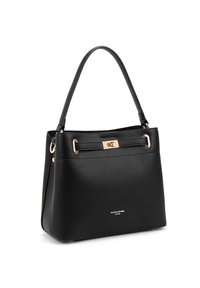 Borsa a mano in pelle nera con texture, dotata di due accenti in metallo color oro e una maniglia superiore. Presenta una forma strutturata e una chiusura con gancio metallico.