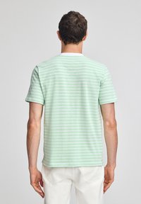 Kortärmad mintgrön t-shirt med vita horisontella ränder, rundad halsringning och avslappnad passform, tillverkad av mjukt bomullstyg.