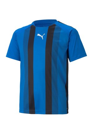 Blaues Sporthemd mit kurzen Ärmeln, das schwarze vertikale Streifen und ein strukturiertes Muster aufweist. Beinhaltet ein weißes Puma-Logo auf der Brust.