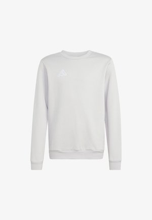 Sweat-shirt blanc à manches longues avec col rond, poignets et ourlet côtelés, arborant un logo Adidas blanc subtil sur le côté gauche de la poitrine.