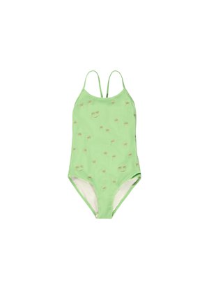 Ανοιχτό πράσινο ολόσωμο μαγιό με λεπτές τιράντες και μικρές εκτυπώσεις φοίνικων και χαρούμενων προσώπων σε όλη την επιφάνεια.