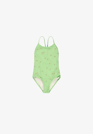 Jasnozielony jednoczęściowy strój kąpielowy z cienkimi ramiączkami oraz małymi nadrukami palmy i uśmiechniętej buźki na całej powierzchni.