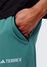 Türkise Sportshorts mit schwarzem Besatz, ausgestattet mit Seitentaschen; das Logo "TERREX" in Weiß auf dem linken Bein. Glatte Stofftextur.