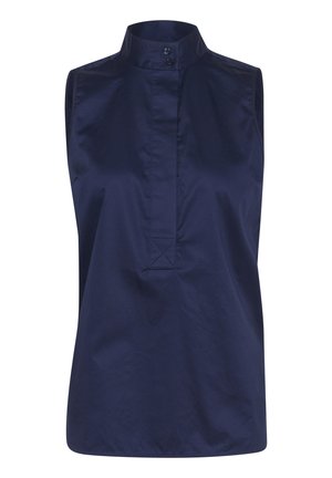 Marineblaue ärmellose Bluse mit Mandarin-Kragen, Frontleiste mit Knöpfen und einem glatten, leichten Stoff. Verfügt über einen geraden Saum.