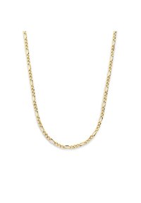 Gold chain necklace featuring alternating oval and elongated links. Smooth texture with a bright, polished finish.
