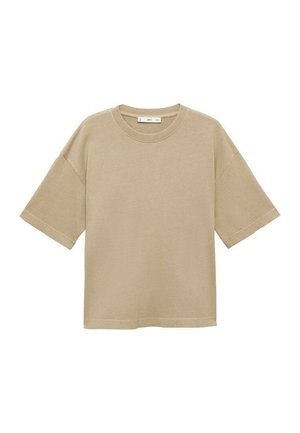 Beige cotton t-shirt with short sleeves, a round neck, and a relaxed fit. Smooth texture with no patterns or additional details.