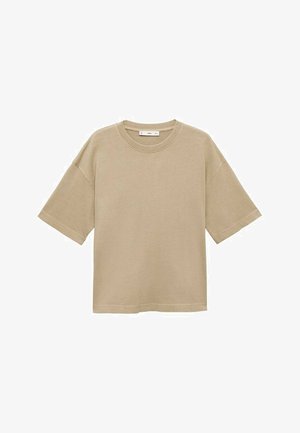 Beige katoenen t-shirt met korte mouwen, een ronde hals en een relaxte pasvorm. Glad textuur zonder patronen of extra details.