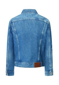 Blue denim jacket with a collared neckline, buttoned cuffs, and a brown leather accent label at the back hem. Classic cut and texture.