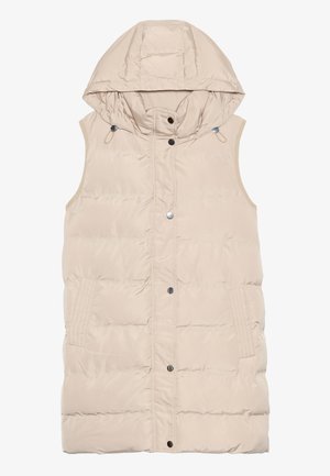 Gilet matelassé beige avec capuche, doté d'une fermeture éclair et de pressions, de poches latérales et d'un design en tissu texturé. Fini lisse.