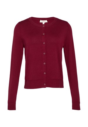 Burgundy cardigan made of soft knit fabric, featuring a rounded neckline, long sleeves, and six button closure at the front.