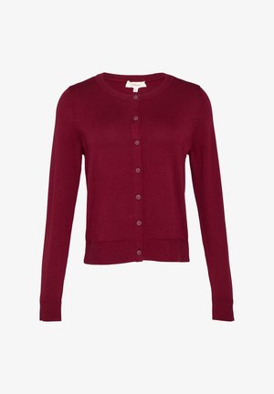 Burgundy cardigan made of soft knit fabric, featuring a rounded neckline, long sleeves, and six button closure at the front.