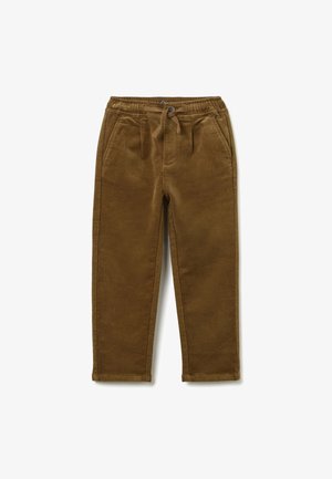 Bruine ribfluwelen broek met een elastische tailleband, een trekkoordaccent en zijzakken. Getextureerde stof met een recht model.