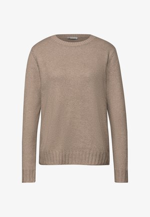 Beige gebreide trui met een ronde halslijn, lange mouwen en ribbendetails op de manchetten en onderkant. Zachte textuur met een iets losse pasvorm.