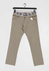 Khaki-byxor med en texturerad yta, med en rutmönstrad midja och guldfärgad dragkedja som detaljer vid fickorna. Rakt ben-design och bältesöglor.