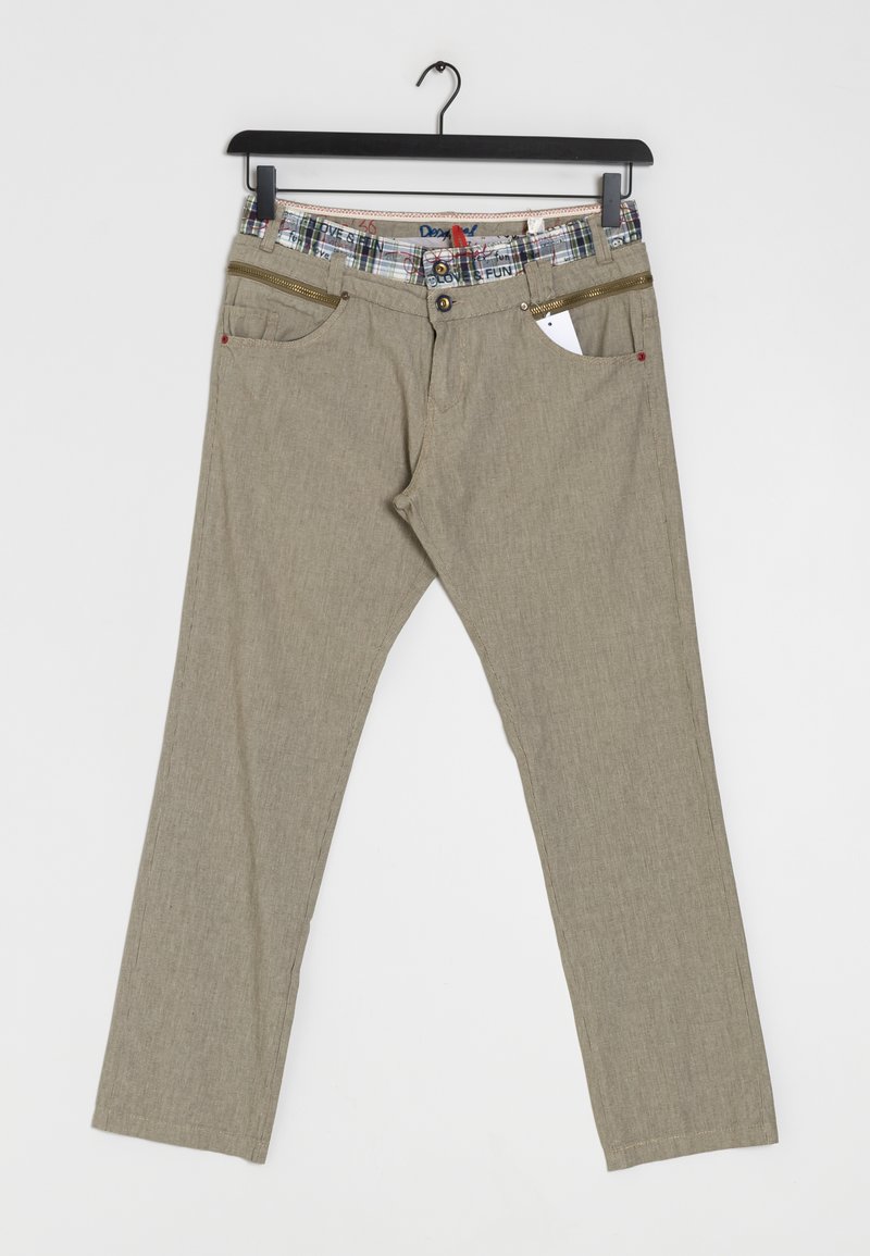 Khaki-byxor med en texturerad yta, med en rutmönstrad midja och guldfärgad dragkedja som detaljer vid fickorna. Rakt ben-design och bältesöglor.