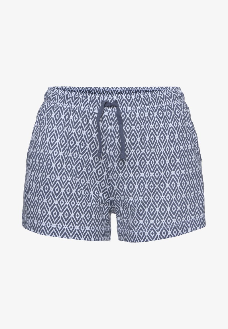 Jūras zila rakstainā peldēšanas šorti ar dimanta dizainu, elastīgu jostasvietu un regulējamu auklu. Izgatavoti no viegla auduma.