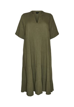 Locker sitzendes, olivgrünes knielanges Kleid mit kurzen Ärmeln und V-Ausschnitt, mit gestuften, strukturierten Stoffdesign.