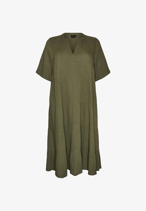 Loszittende olijfgroene jurk tot op de knie met korte mouwen en V-hals, met een gelaagde, gestructureerde stof.