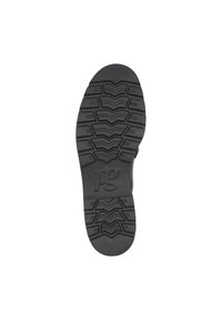 Suela de zapato de goma negra con un patrón de zigzag y el logo "pg" grabado cerca del talón. Textura suave con elementos de tracción elevados.