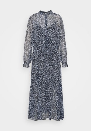 Florales Kleid aus transparentem schwarzem Stoff mit blauem Blumenmuster. Mit hohem Kragen, langen Ärmeln und gestuftem Rock mit Rüschenabschlüssen.