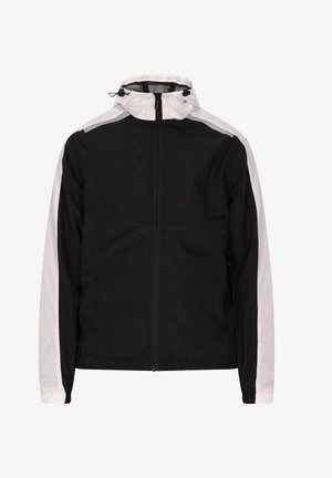 Sort og hvid zip-jakke med høj krave, der har lange ærmer, et mesh-for og kontrasterende paneldetaljer. Glat tekstur.