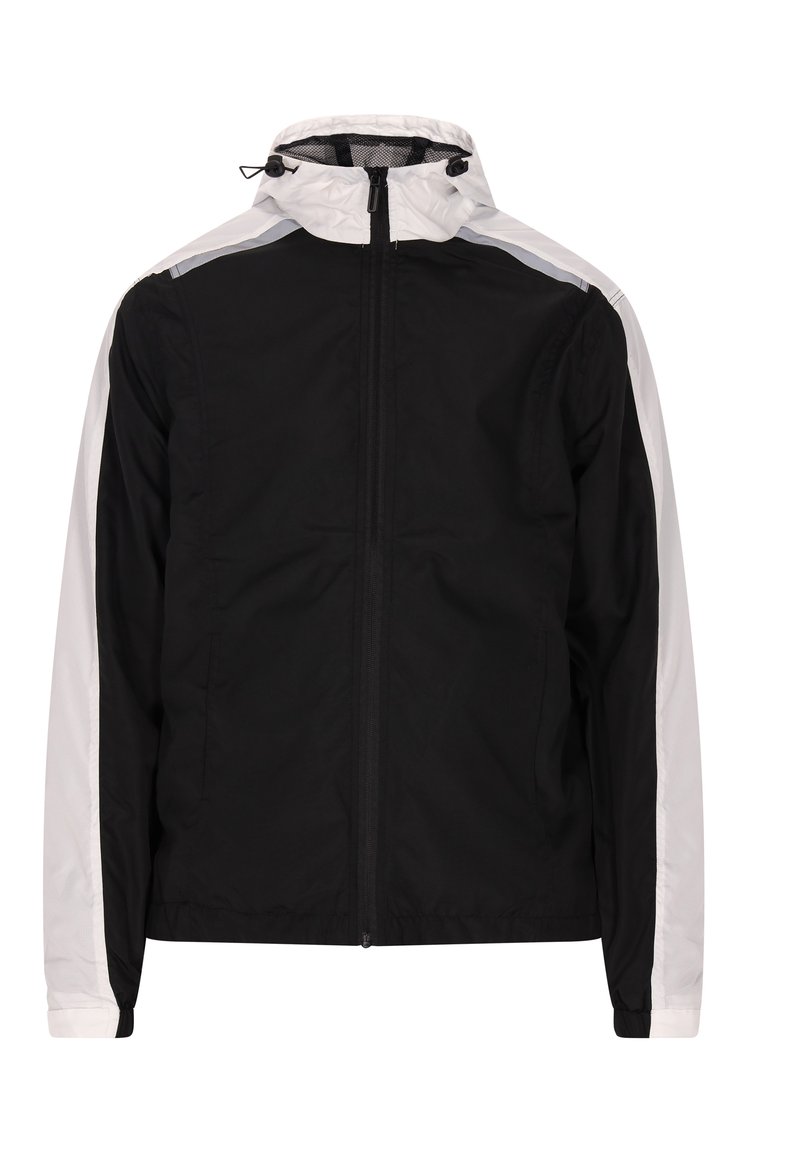 Black and white zip-up jacket with a high collar, featuring long sleeves, a mesh lining, and contrasting panel accents. Smooth texture.