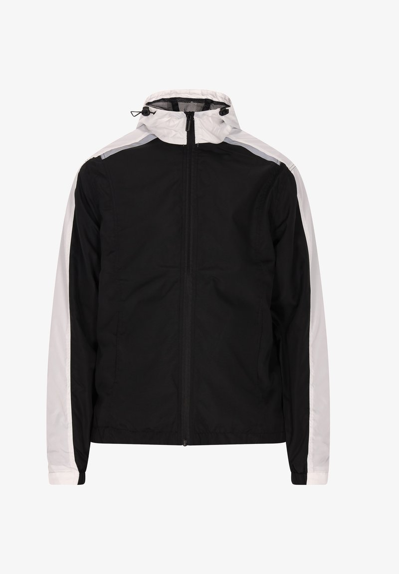 Sort og hvid zip-jakke med høj krave, der har lange ærmer, et mesh-for og kontrasterende paneldetaljer. Glat tekstur.