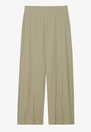 Pantalons amples en vert olive clair, en tissu texturé avec des plis verticaux et une taille élastique pour plus de confort.