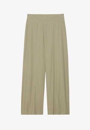 Light olive green, wide-leg pants made of textured fabric with vertical pleats and an elastic waistband for comfort.