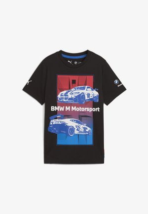 Must must t-särk musta puuvillast, millel on graafika kahest võidusõidust, üks sinine punasel ja sinisel taustal, koos tekstiga "BMW M Motorsport".