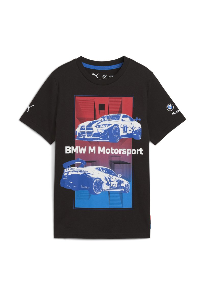 Musta puuvillapaita, jossa on graafinen kuva kahdesta kilpa-autosta, yksi sininen punavalkoisen taustan päällä, ja teksti "BMW M Motorsport".