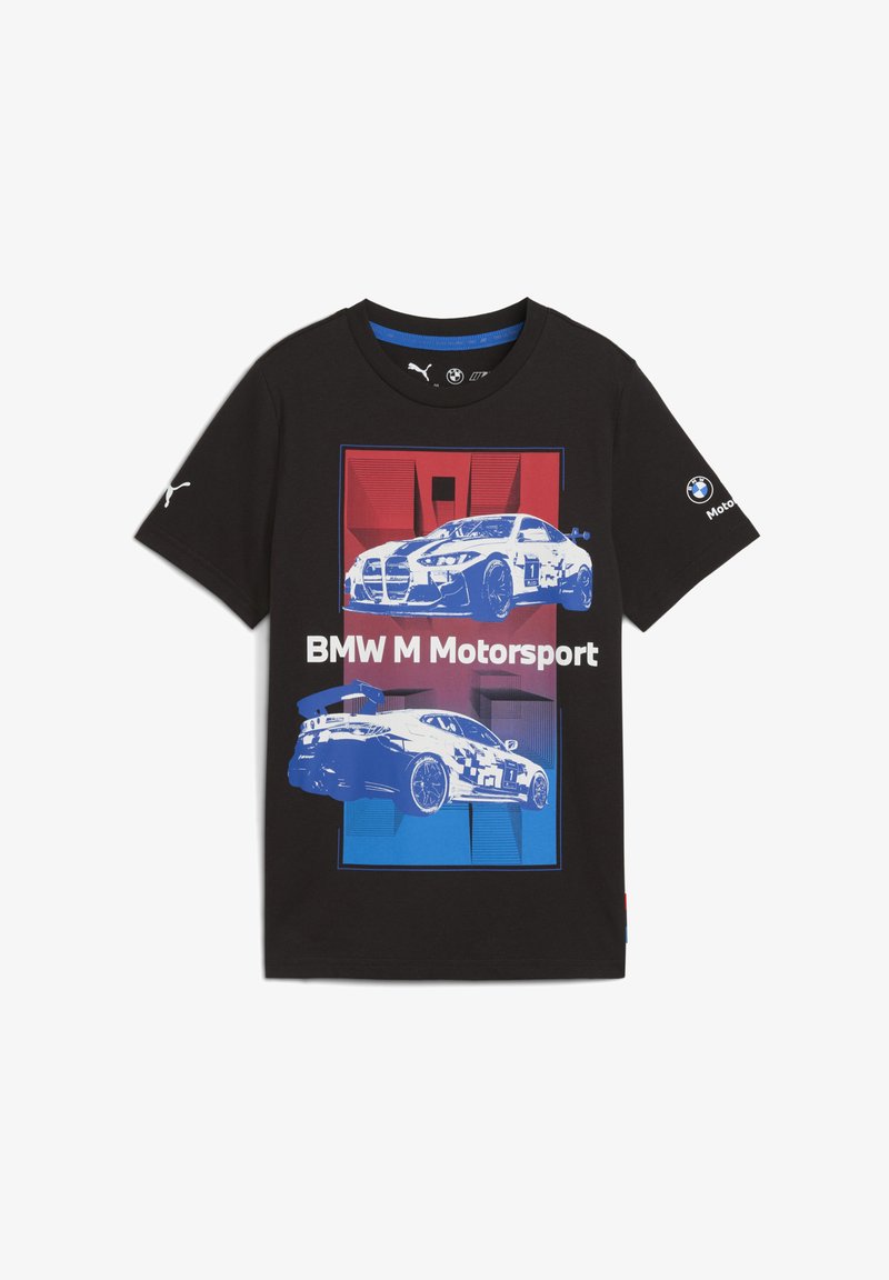 Melnā kokvilnas t-kreklā ir attēloti divi sacīkšu auto, viens zils uz sarkanas un zilas fona, ar tekstu "BMW M Motorsport".