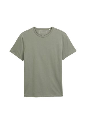 Oliwkowo-zielona koszulka z krótkim rękawem, wykonana z miękkiej bawełny, z klasycznym okrągłym dekoltem i luźnym krojem, bez widocznych wzorów czy zdobień.
